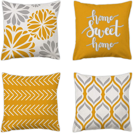 Yellow Pillow Covers 20X20, Yellow Gray Decorative Pillow Case Set of 4