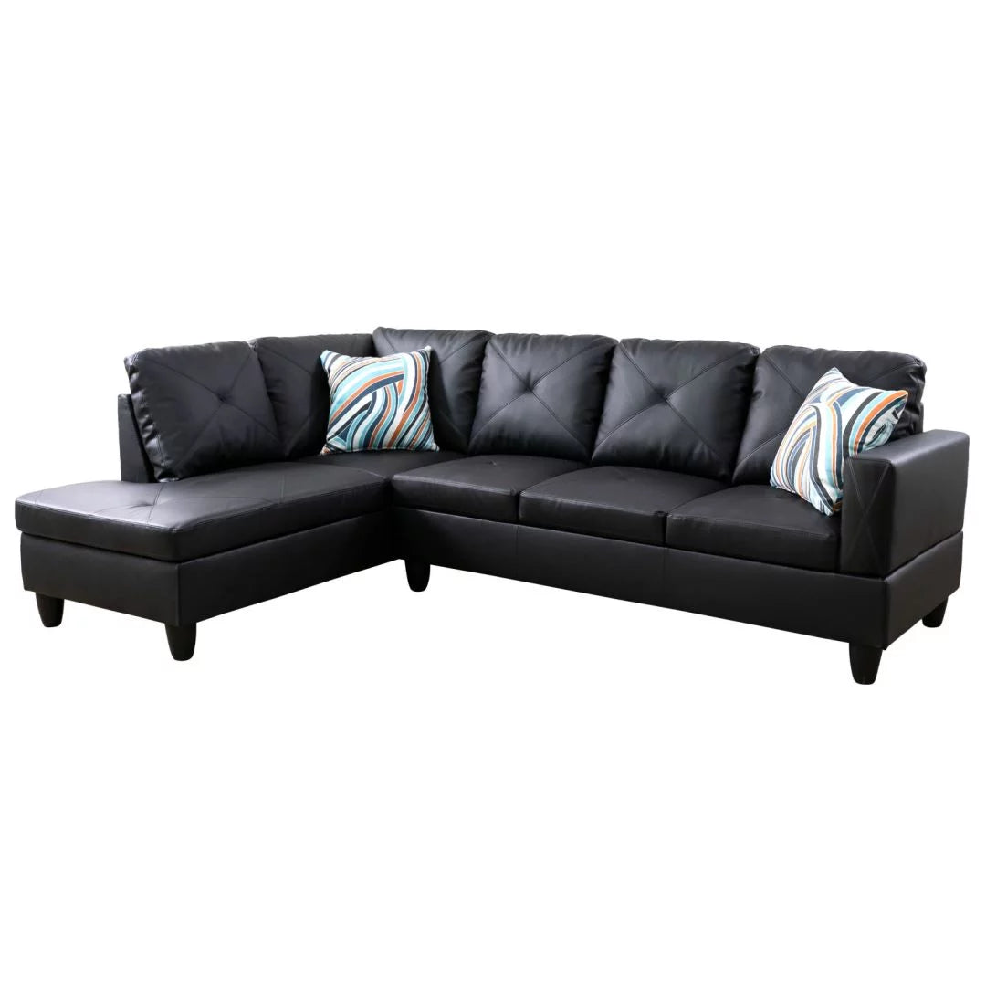 Faux Leather 4-Seat Couch Living Room Sofa Set, L Shaped Couch Sofa Set, Chaise Lounge Sectional Sofa for Home, Black(Without Ottoman)