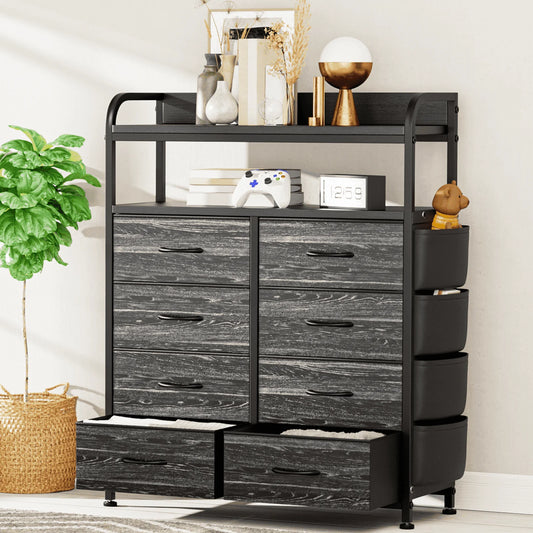 8 Drawer Dresser, Chest of Drawers, with Side Pockets and Hooks, Black