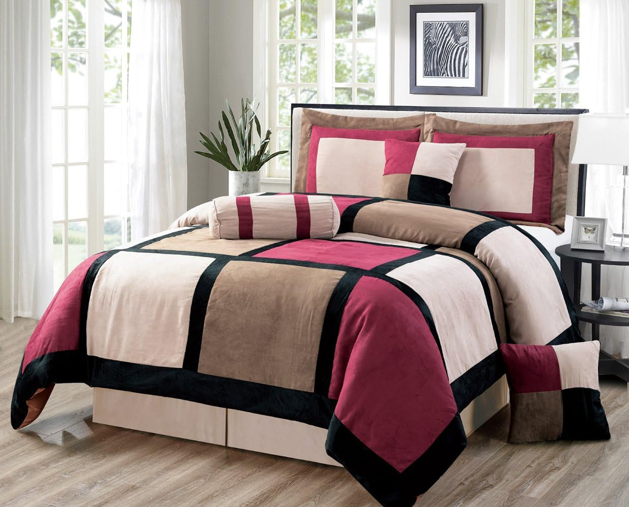 Oversize Burgundy/Brown/Black Comforter Set Micro Suede Patchwork Bed in a Bag (California) Cal King Size Bedding