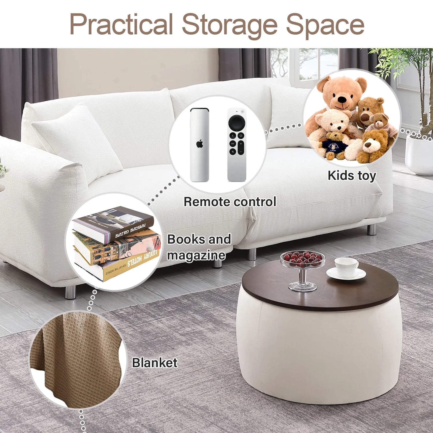 2 in 1 Storage Ottoman with Tray, round Ottoman Coffee Table with Foot Rest