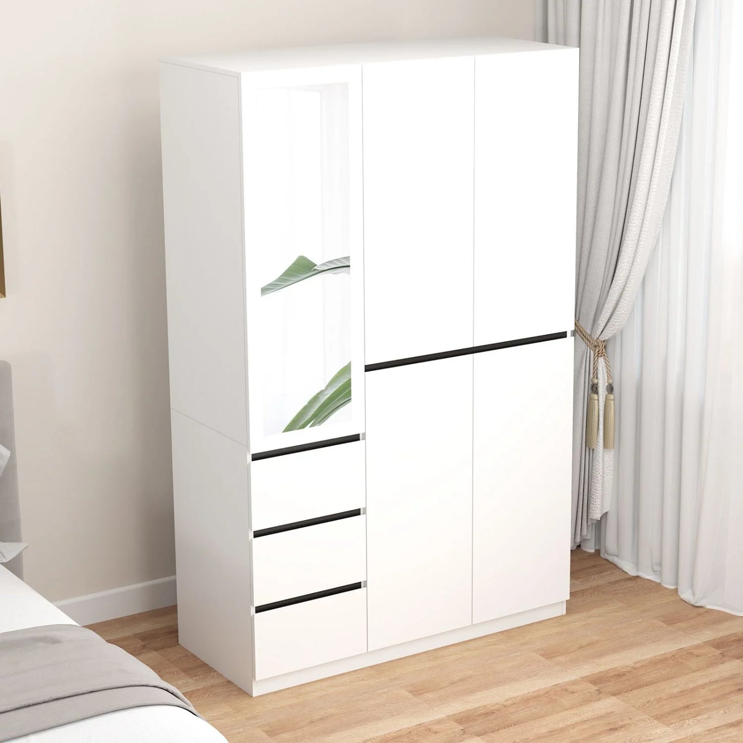 Wardrobe Armoire Closet with Glass Mirror, White Freestanding Wardrobe (W47.24*D20.28*H78.74)