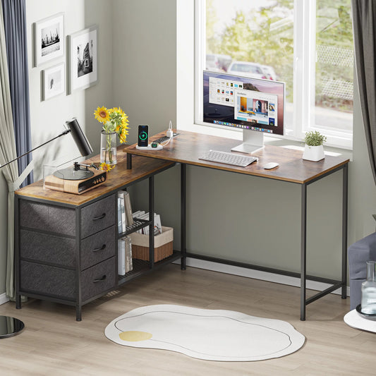 L Shaped Desk with Power Outlets, Computer Desk with Fabric Drawer & Storage Shelves, Rustic Brown