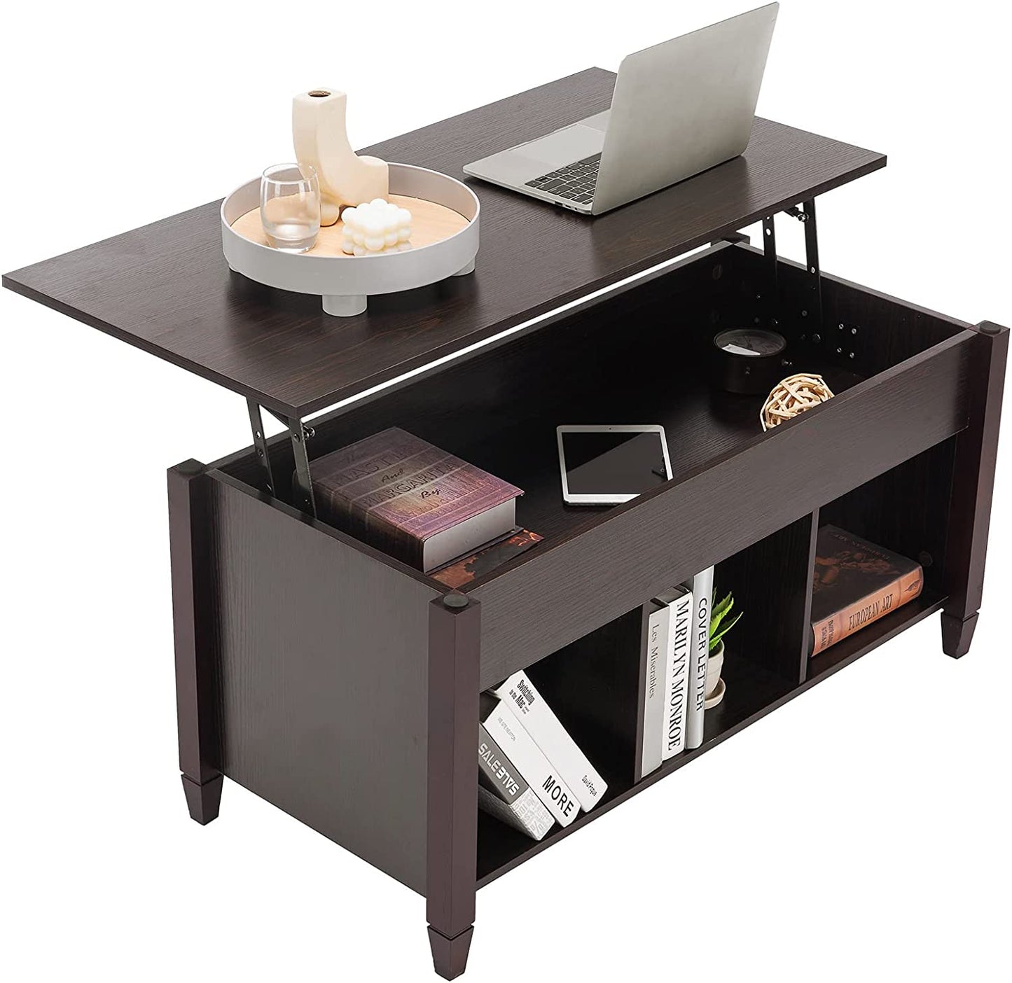 Lift Top Coffee Table,  Lift Top with Hidden Compartment/3 Open Shelves