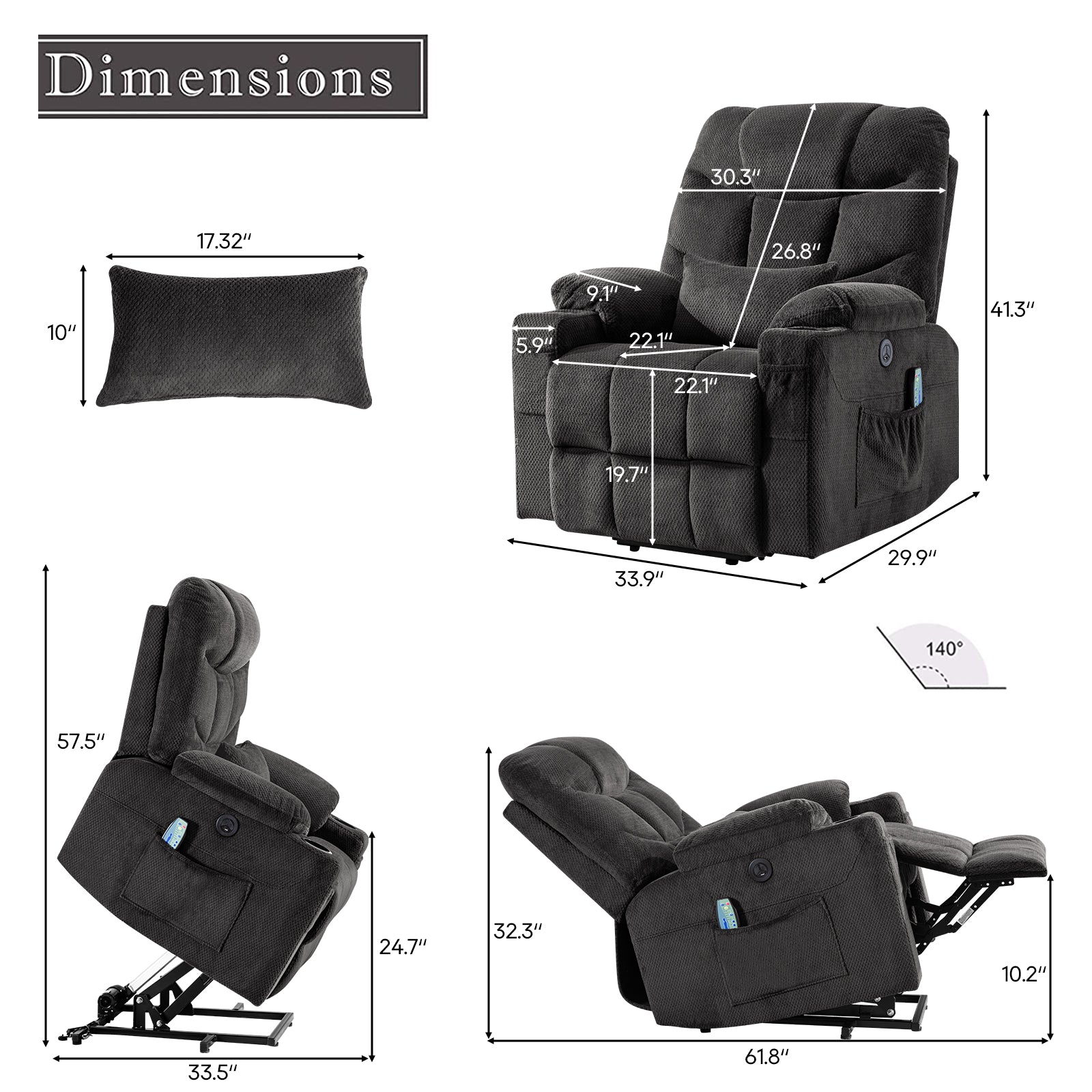 Power Lift Recliner Chairs Velvet Electric Vibration Massage Heat Remote Control USB Port Dark Gray