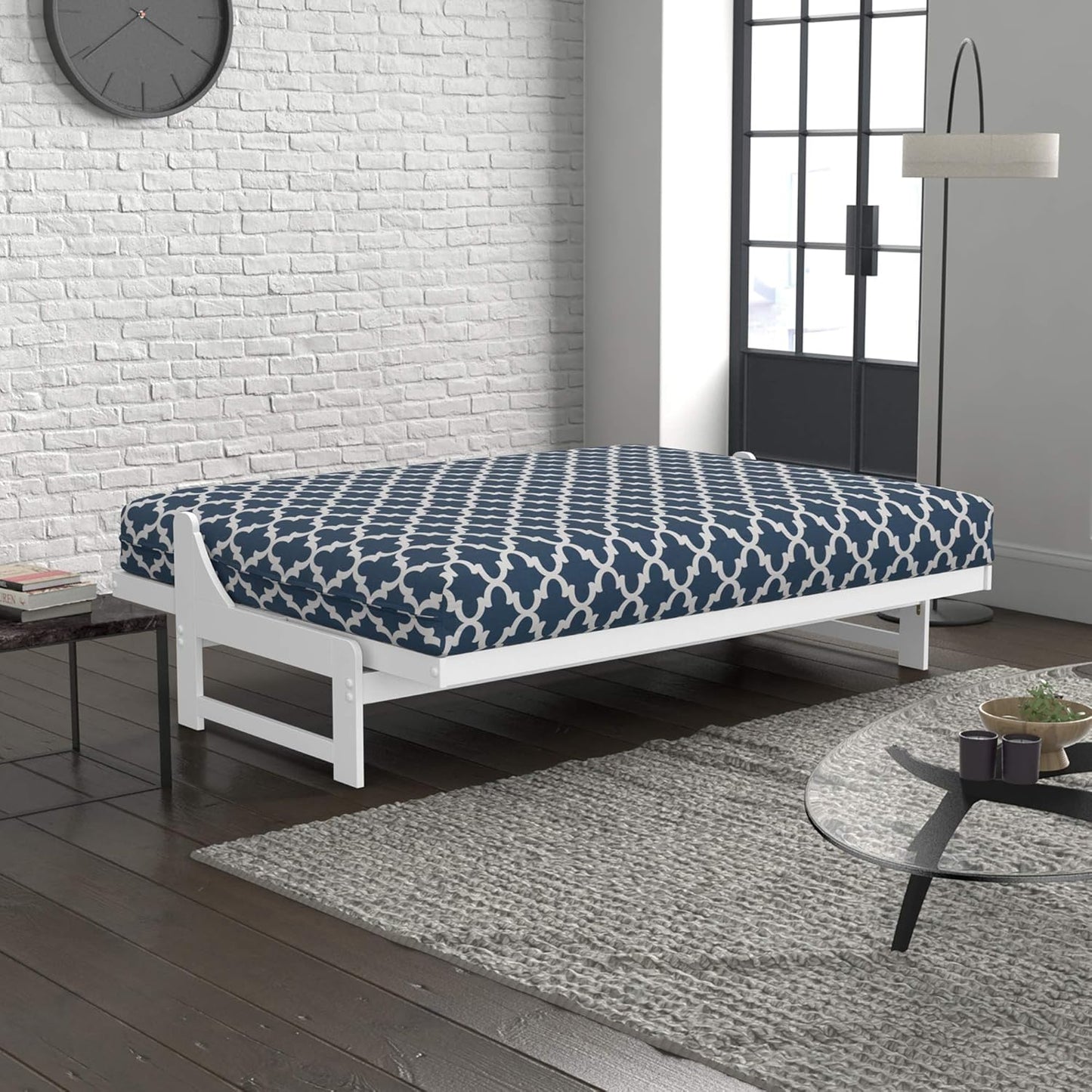  Loft Sleeper, Queen Size White Armless Arden Futon Frame, Storage Drawers, Mattress and Futon Cover Set