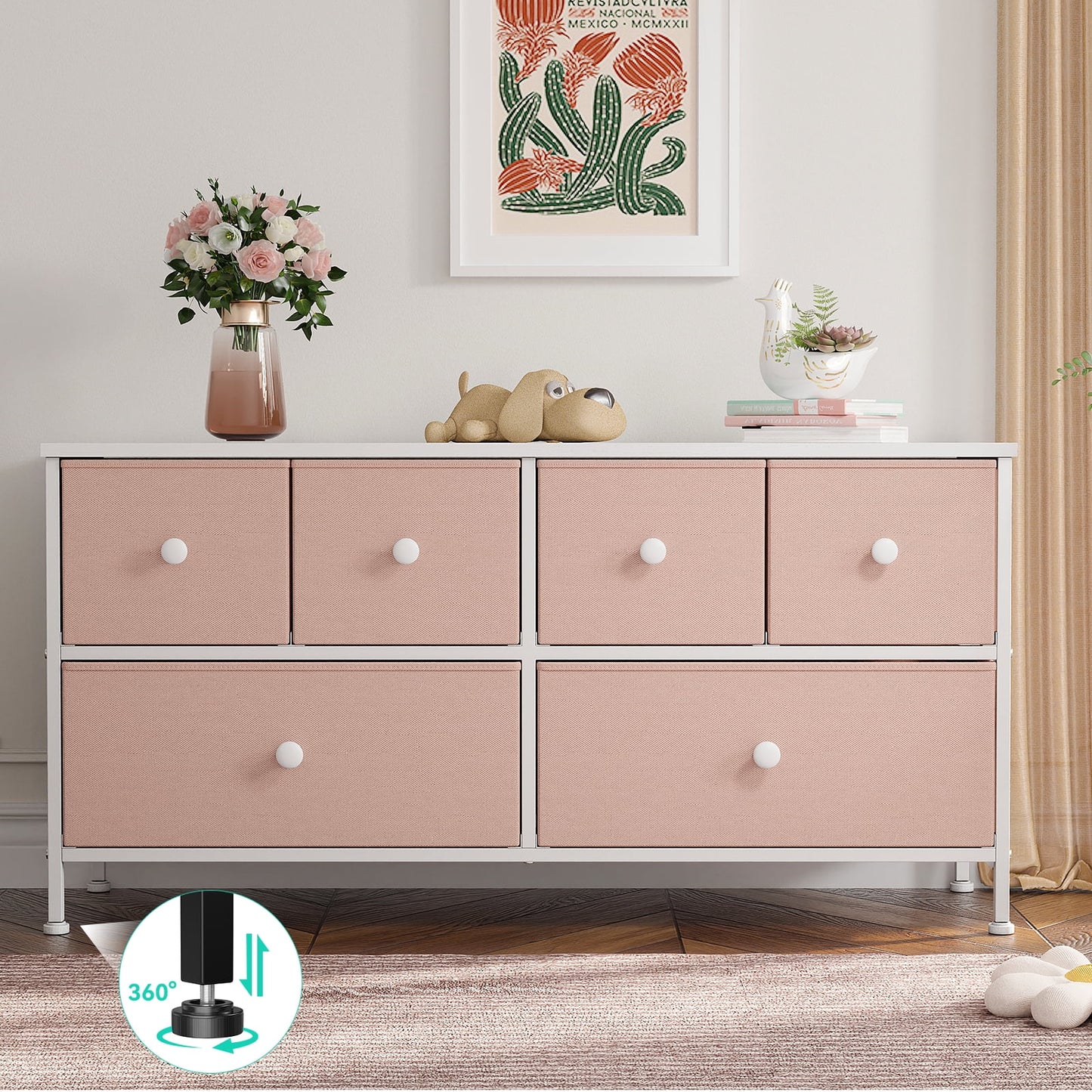 Pink Dresser, Dressers & Chests of Drawers, Dresser TV Stand with 6 Drawers, Pink Wide Fabric Dressers TV Console Storage Unit, Pink