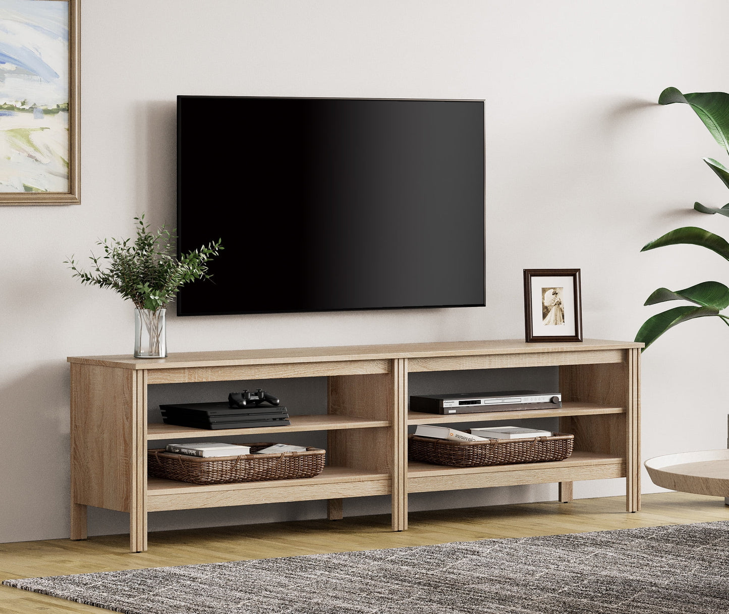 TV Stand, with Open Shelves for Living Room, Oak 70 Inch (Fits 75 Inch TV)