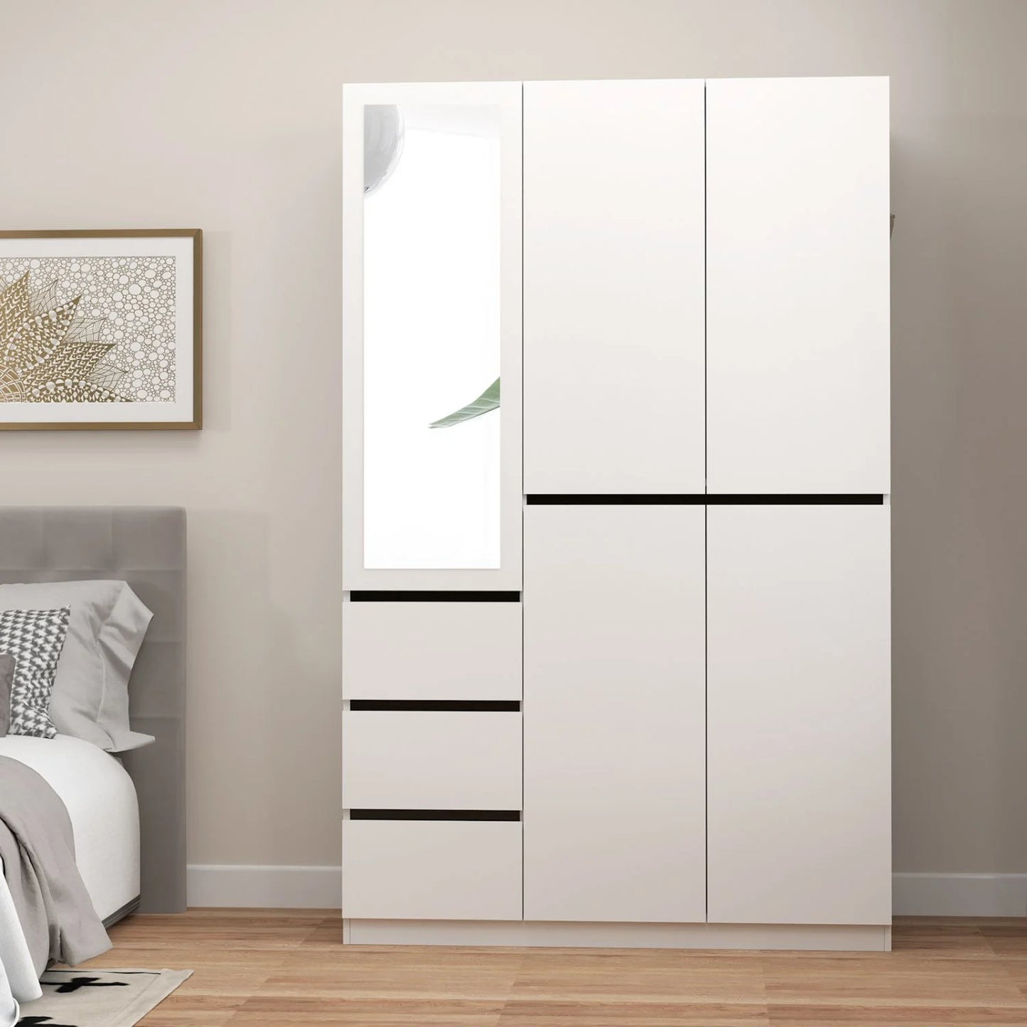 Wardrobe Armoire Closet with Glass Mirror, White Freestanding Wardrobe (W47.24*D20.28*H78.74)