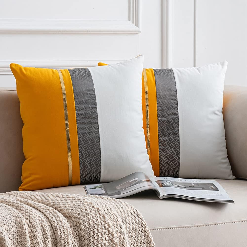 Decorative Throw Pillow Covers - Pack of 2 Modern Cozy 20X20 Inch Square Gold Yellow and White Velvet Pillow Cases