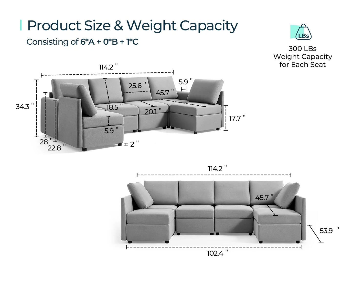 Modular Couches and Sofas Sectional with Storage, 6 Seat Sectional Sofa for Living Room, U Shaped Sectional Couch with Reversible Chaises, Light Gray