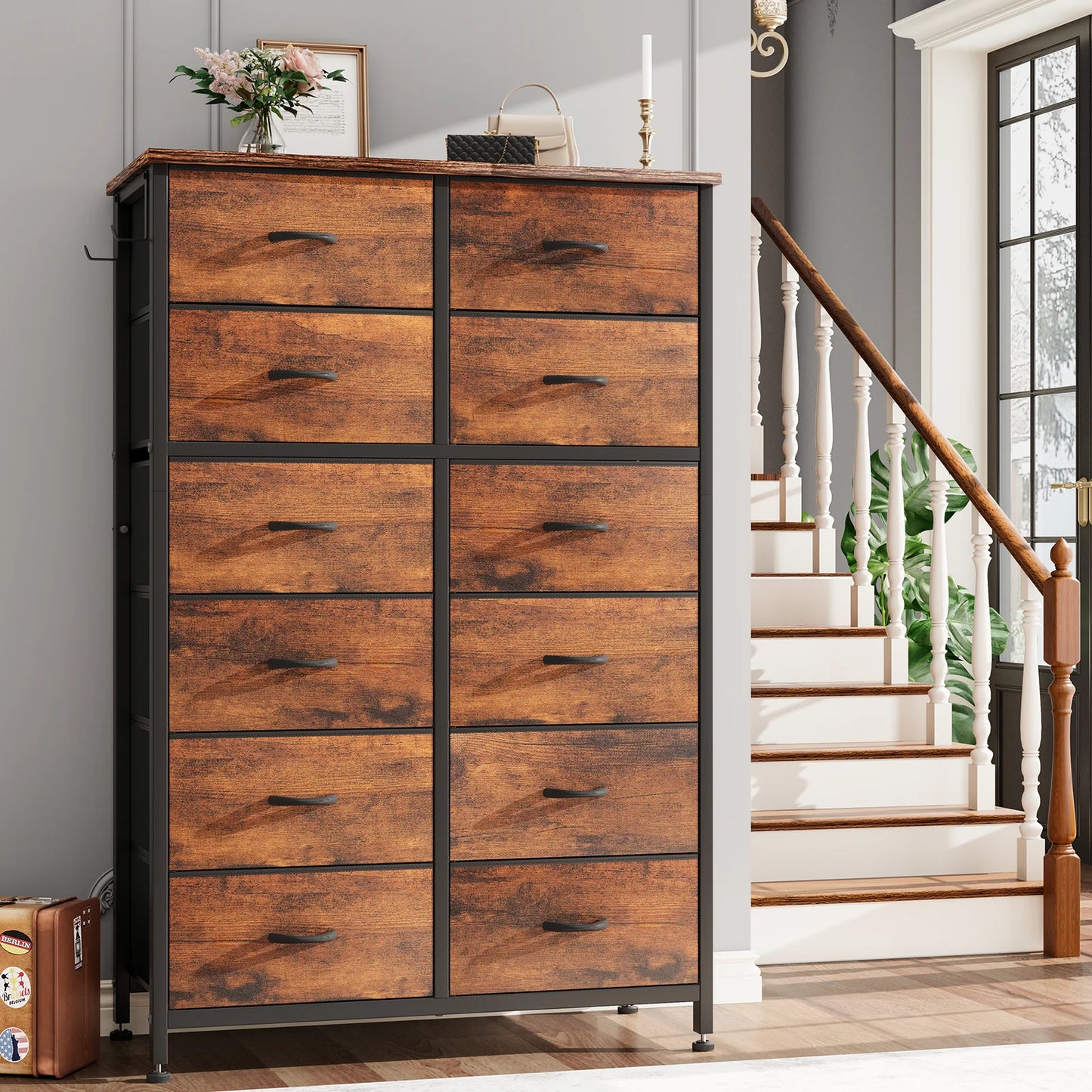 12 Drawer Chest, Tall Dresser, Steel Frame and Wooden Top Brown