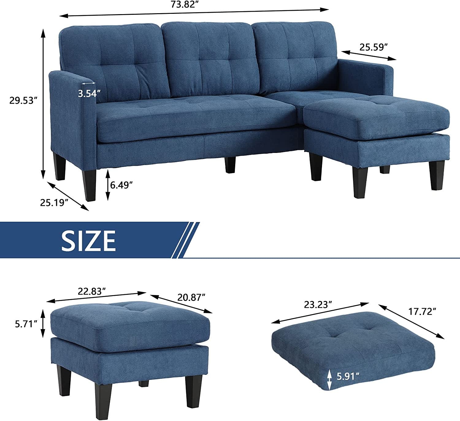 L-Shaped Couch Modern Sofa Set with 3-Seat Couch and Reversible Chaise (Blue)