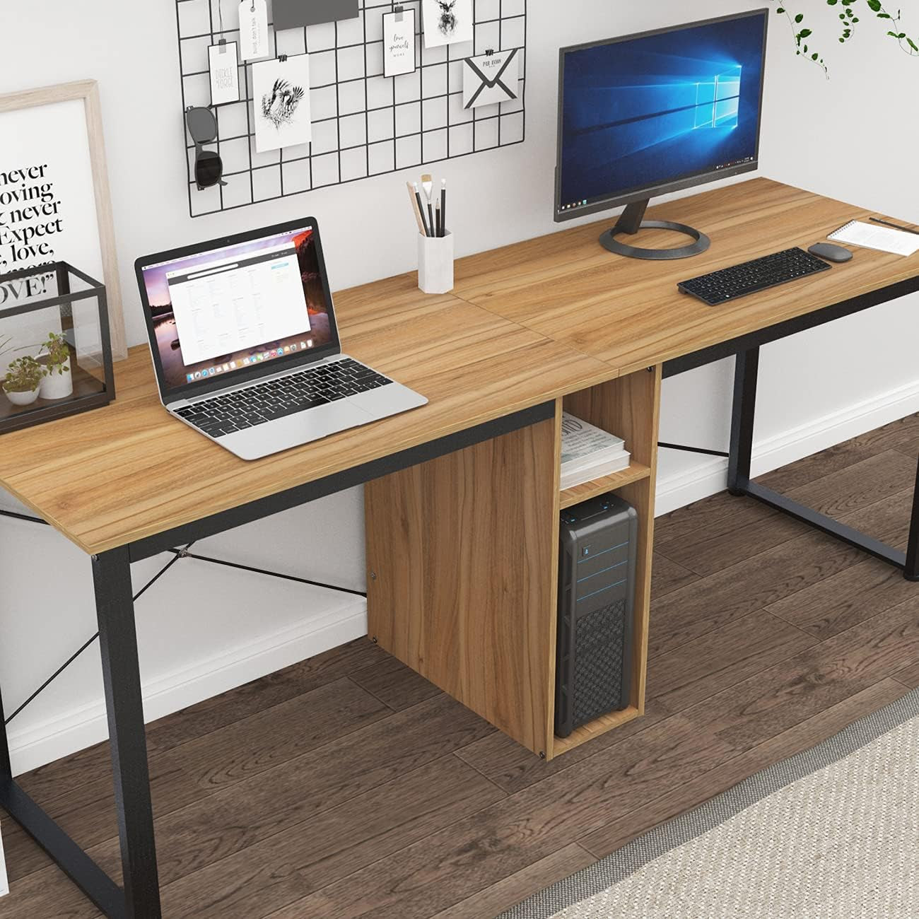 2 Person Desk, 78 Inch Large Dual Desk with Storage Cube, Long Computer Desk for 2 Person, Oak