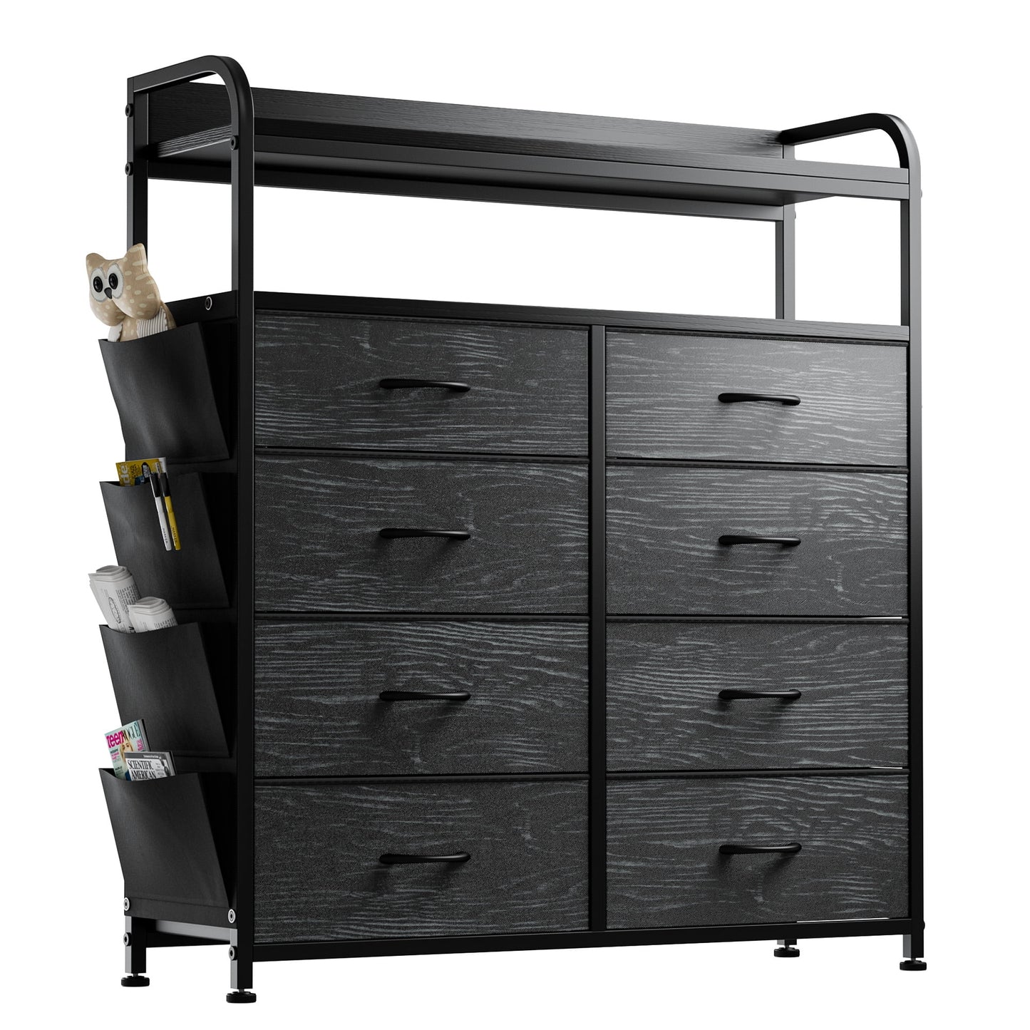 8 Drawer Dresser, Chest of Drawers, with Side Pockets and Hooks, Black