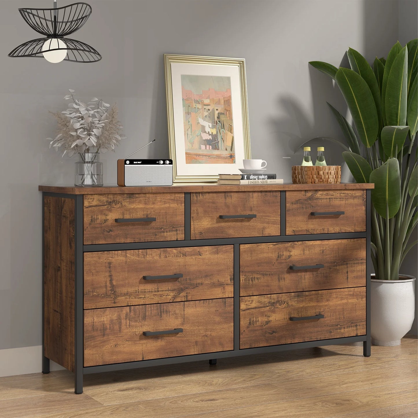 7 Drawer Dresser, Industrial Wood Storage Dressers & Chests of Drawers with Sturdy Steel Frame