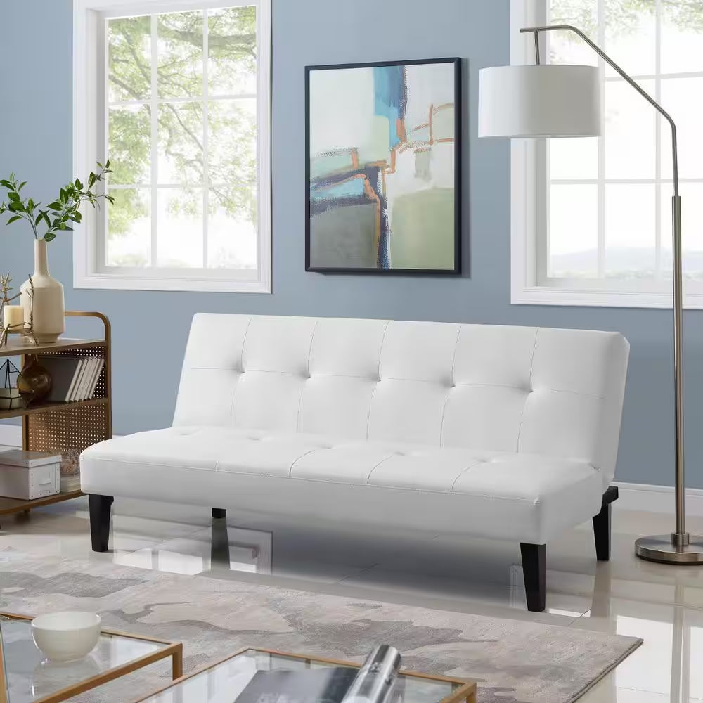 White Futon Sofa Bed, Faux Leather with Wooden Legs