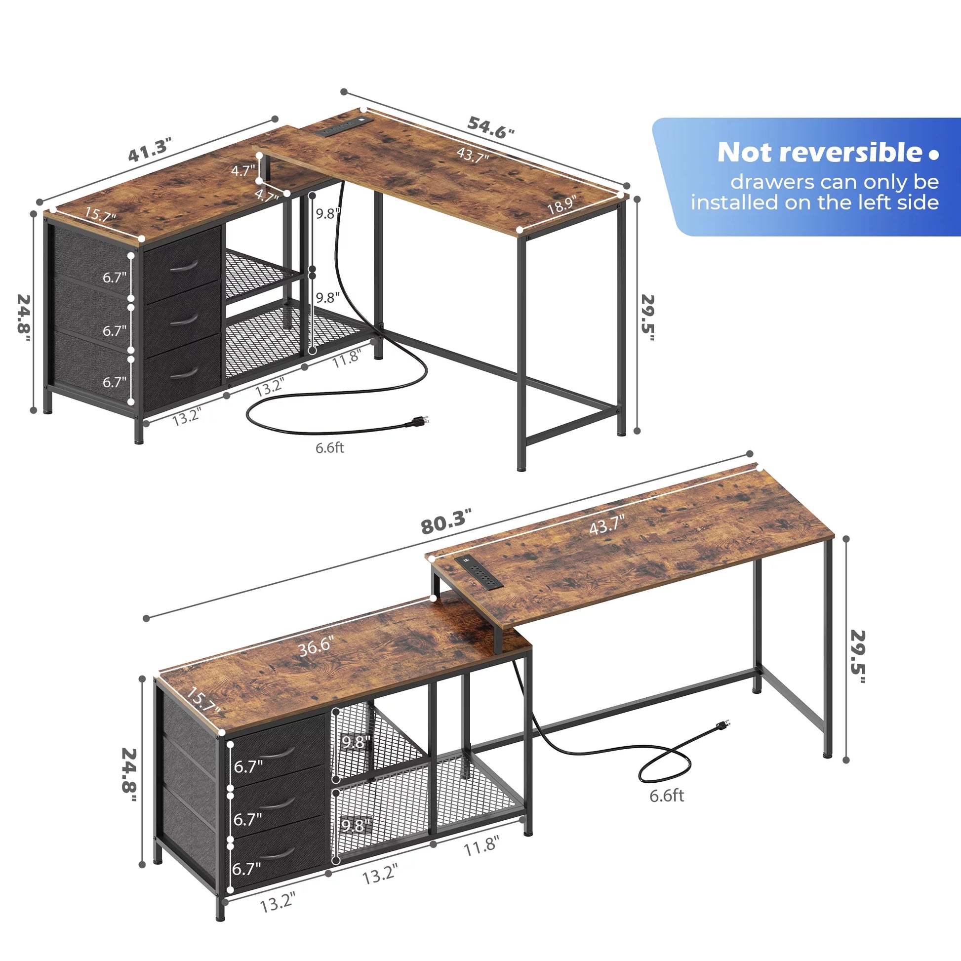 L Shaped Desk with Power Outlets, Computer Desk with Fabric Drawer & Storage Shelves, Rustic Brown