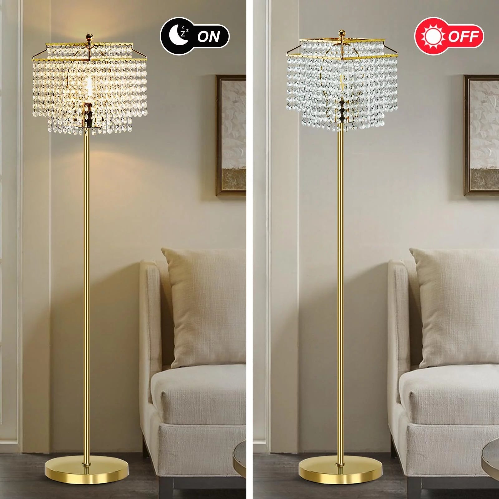 Crystal Floor Lamp Gold, Modern Double-Layer Lampshade, Elegant Standing Lamp with On-Off Foot Switch