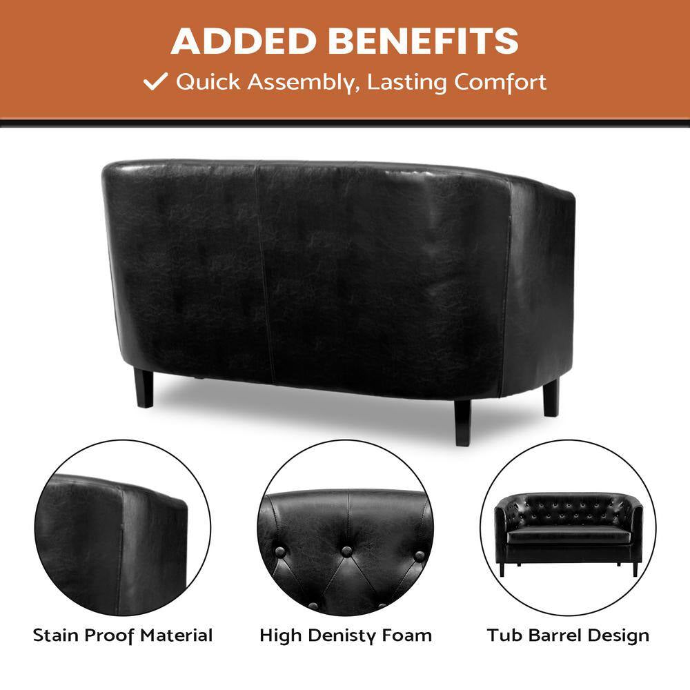 48 In. Black Love Seat, Button Tufted Faux Leather Barrel Loveseat, Loveseat