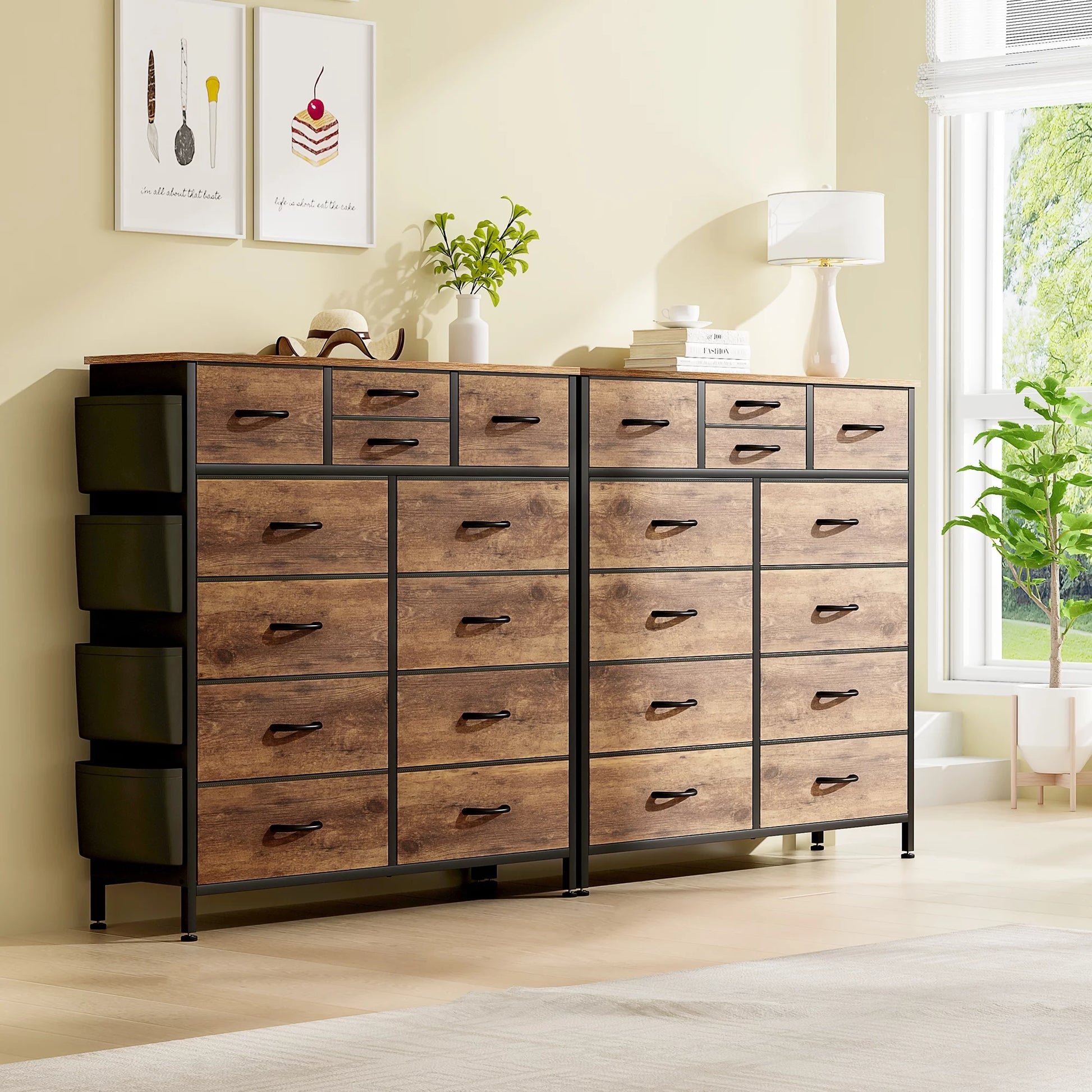 Chest, with 12 Drawer Tall Dresser, 12 Drawers, Fabric Storage, Rustic Brown