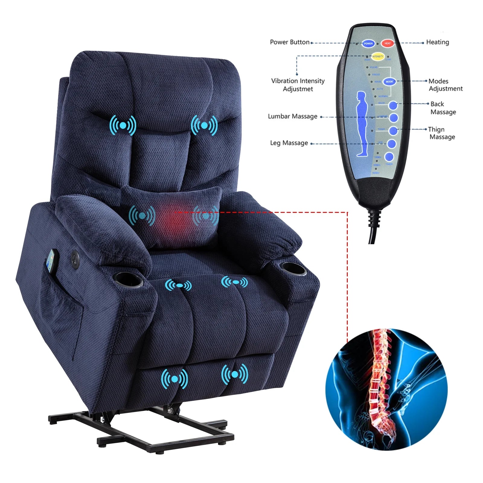 Power Lift Recliner Chairs Velvet Electric Recliner with Vibration Massage & Heat Function, Blue