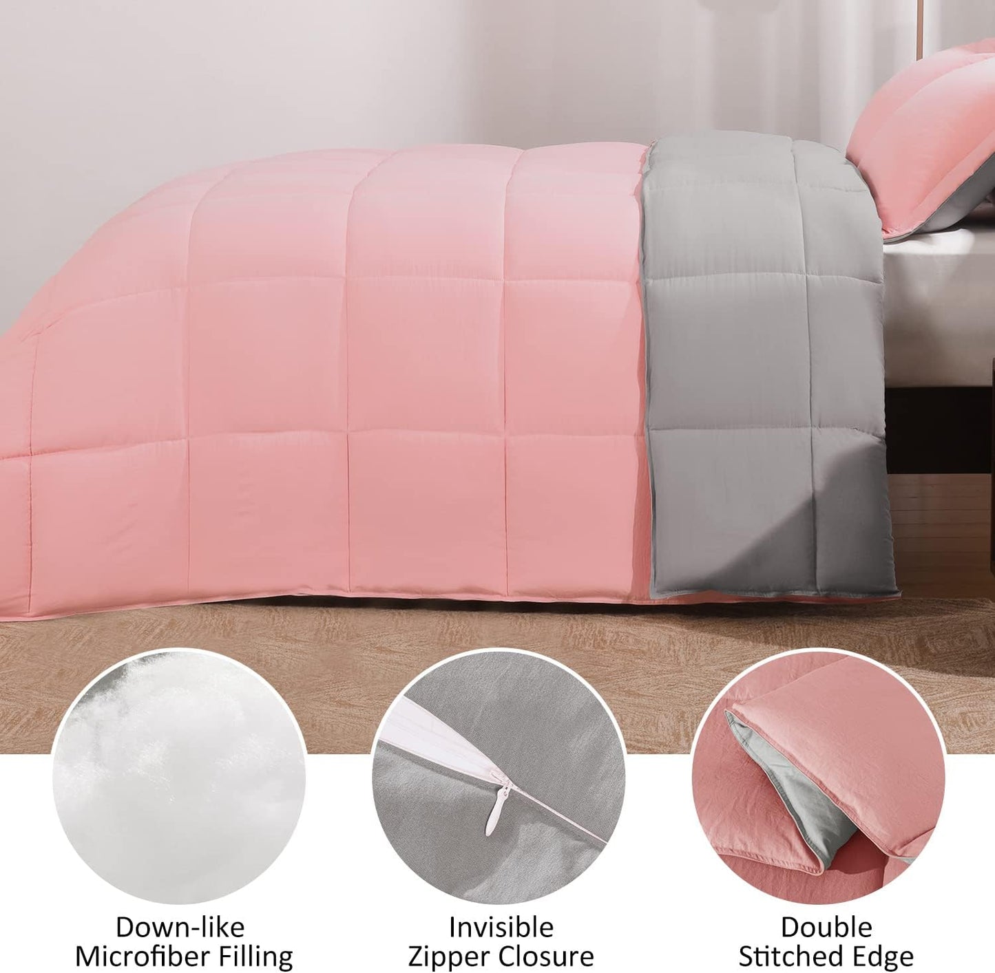 Twin Comforter Set - Fluffy Twin Bed Comforter Set - Reversible Pink and Grey Twin - 2 Pieces (1 Comforter + 1 Pillow Sham)