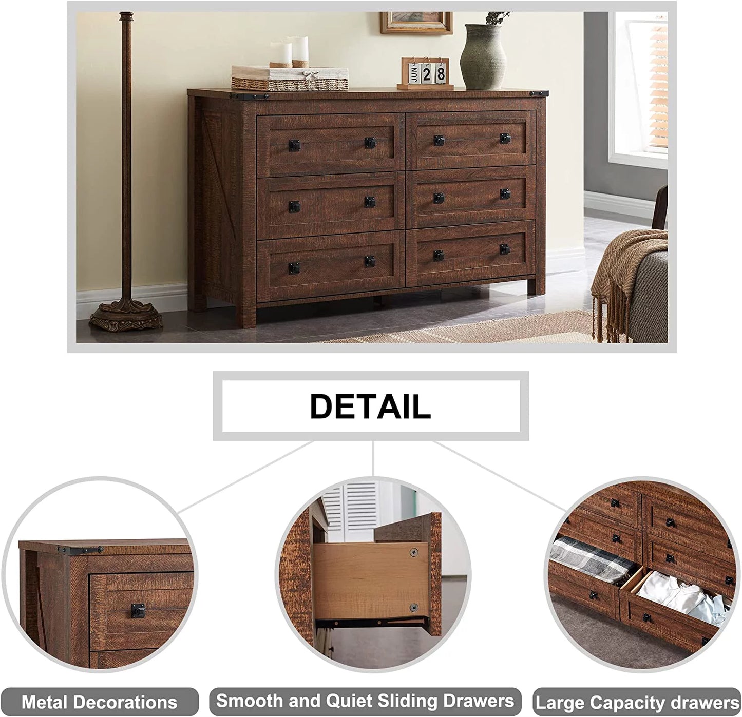 Farmhouse 6-Drawer Dresser Chests, Wood Rustic Chest, Brown