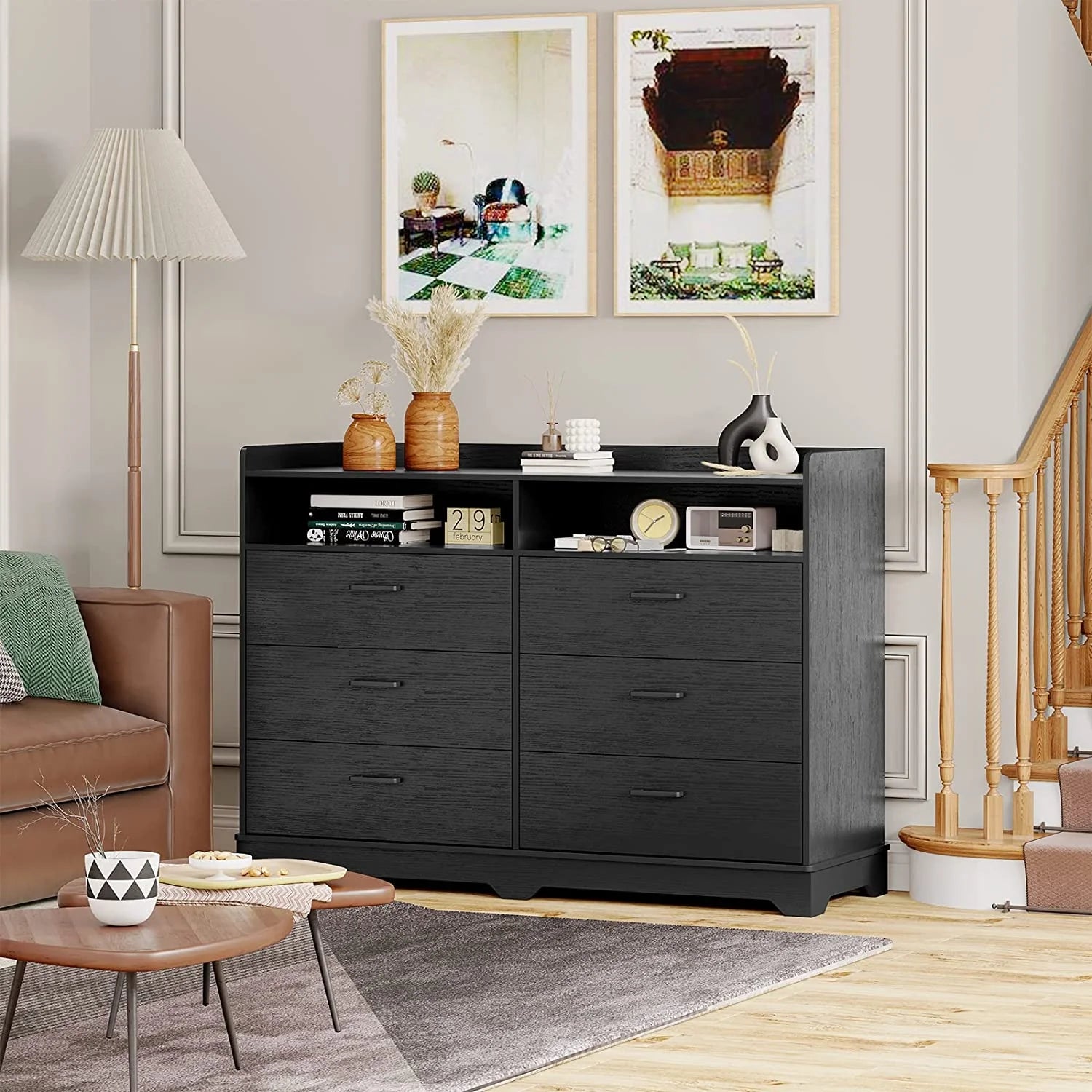 6 Drawers Dresser, 2 Open Cubby, Black