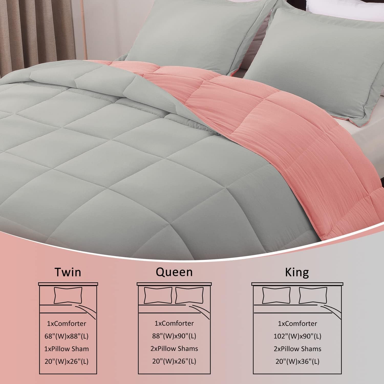 Twin Comforter Set - Fluffy Twin Bed Comforter Set - Reversible Pink and Grey Twin - 2 Pieces (1 Comforter + 1 Pillow Sham)