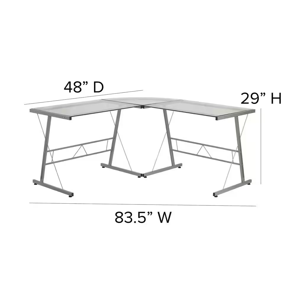 83.5 In. L-Shaped Clear/Silver Computer Desks with Glass Top