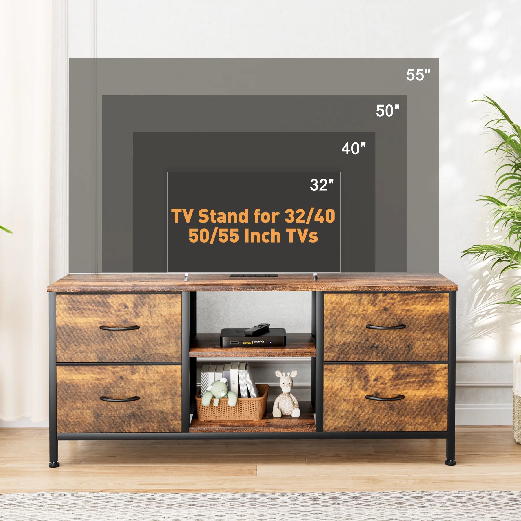 4 Drawer Dresser TV Stand, 50", Brown