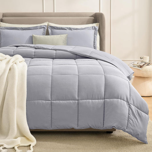 King Comforter Set, Soft down Alternative Bedding, Light Grey, 3 Pcs Incl 1 Comforter & 2 Shams