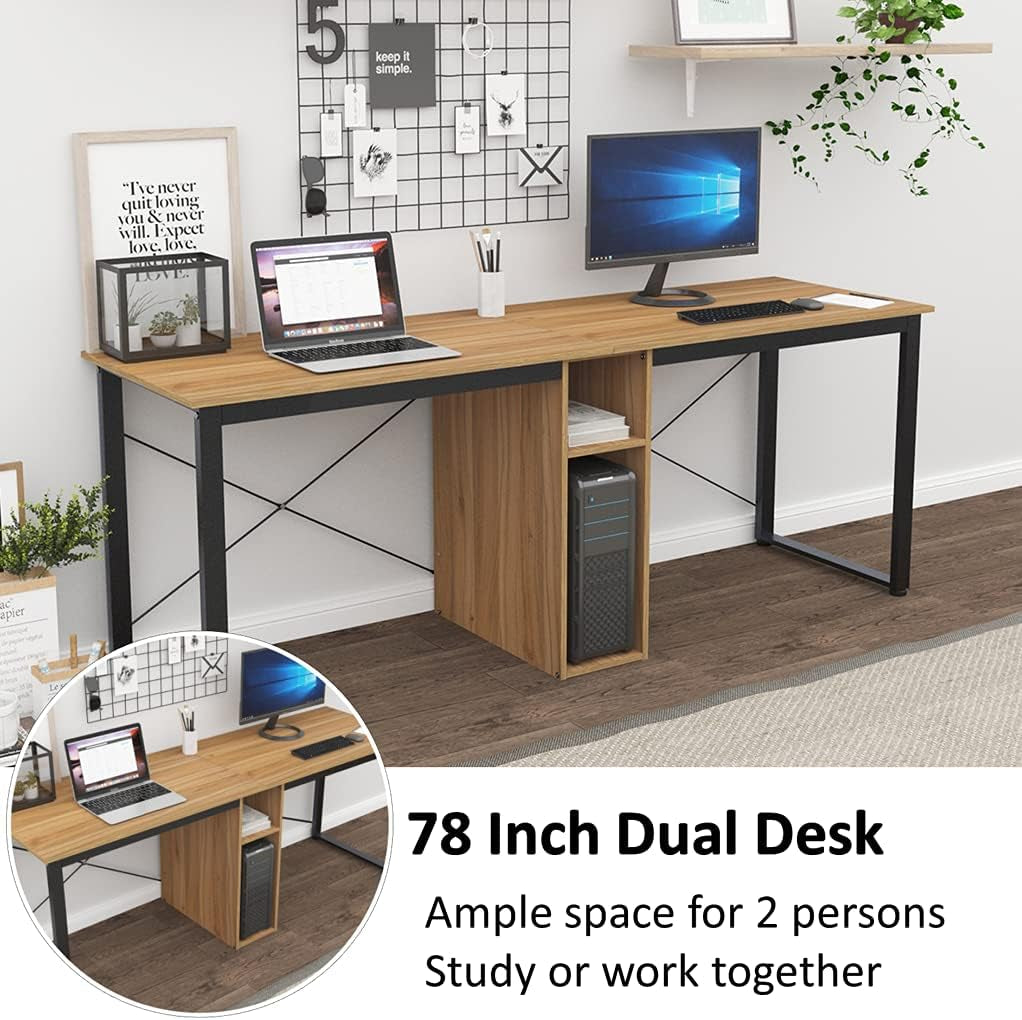 2 Person Desk, 78 Inch Large Dual Desk with Storage Cube, Long Computer Desk for 2 Person, Oak