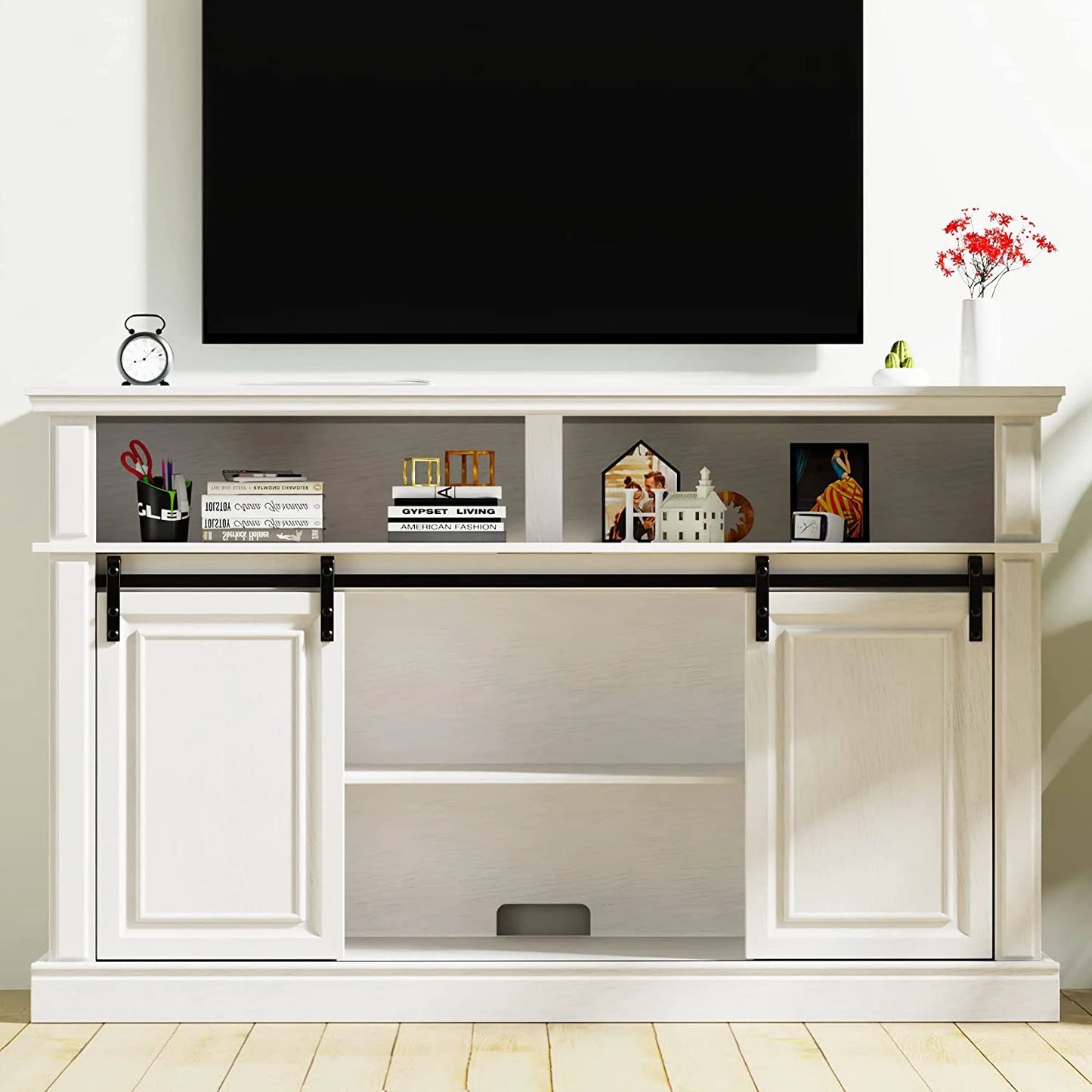 White TV Stand, Modern Farmhouse Barn Door Entertainment Center for 65" TV