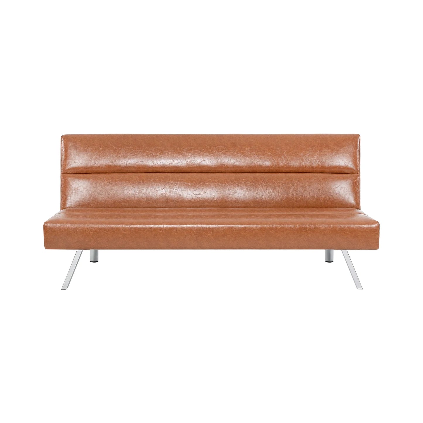 Faux Leather Futon Couch, Chrome Legs, Reclining Mini Couch - Caramel