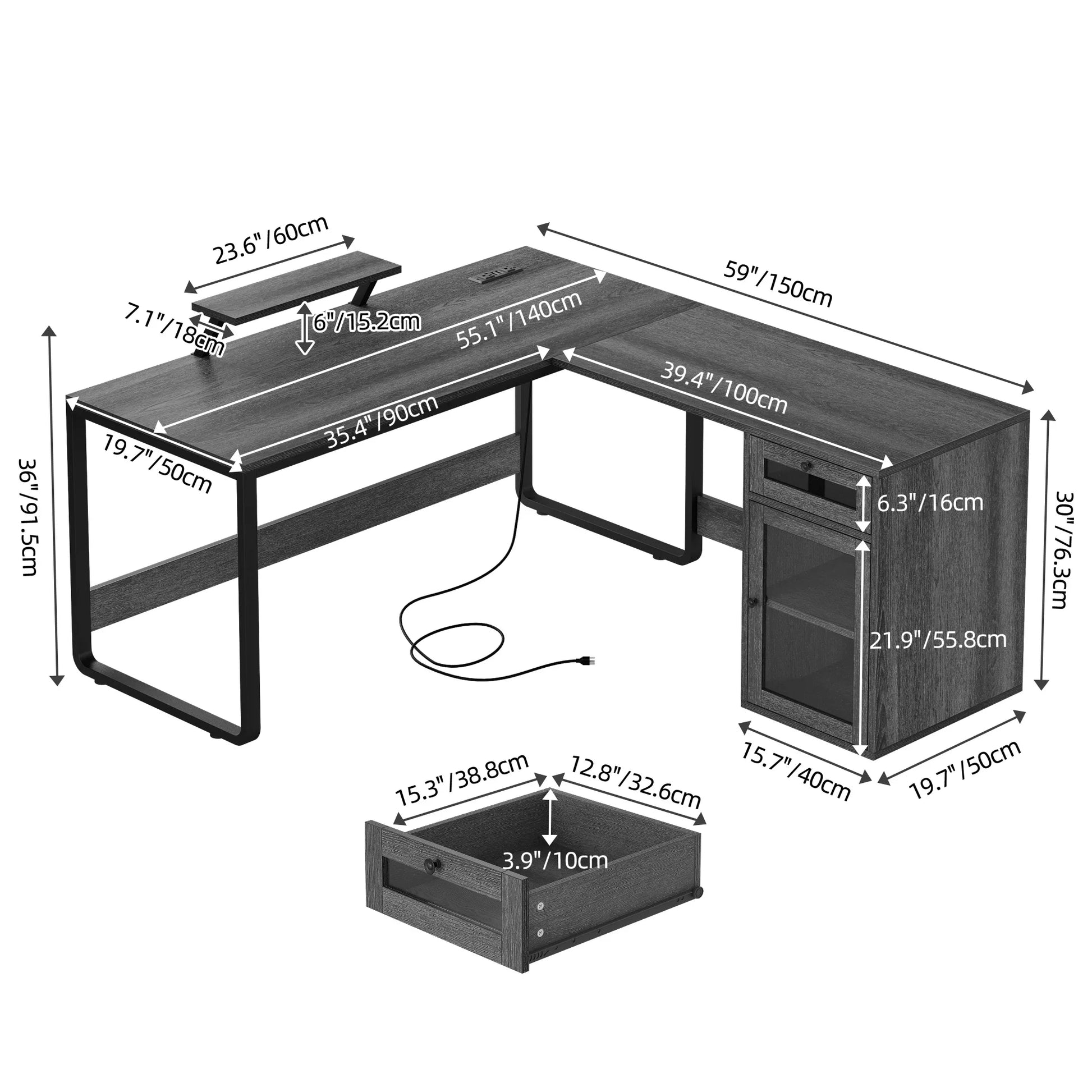 L Shaped Desk with Power Outlets & Drawer, Reversible Computer Desk with File Cabinet, with LED Lights & Monitor Stand, Gray