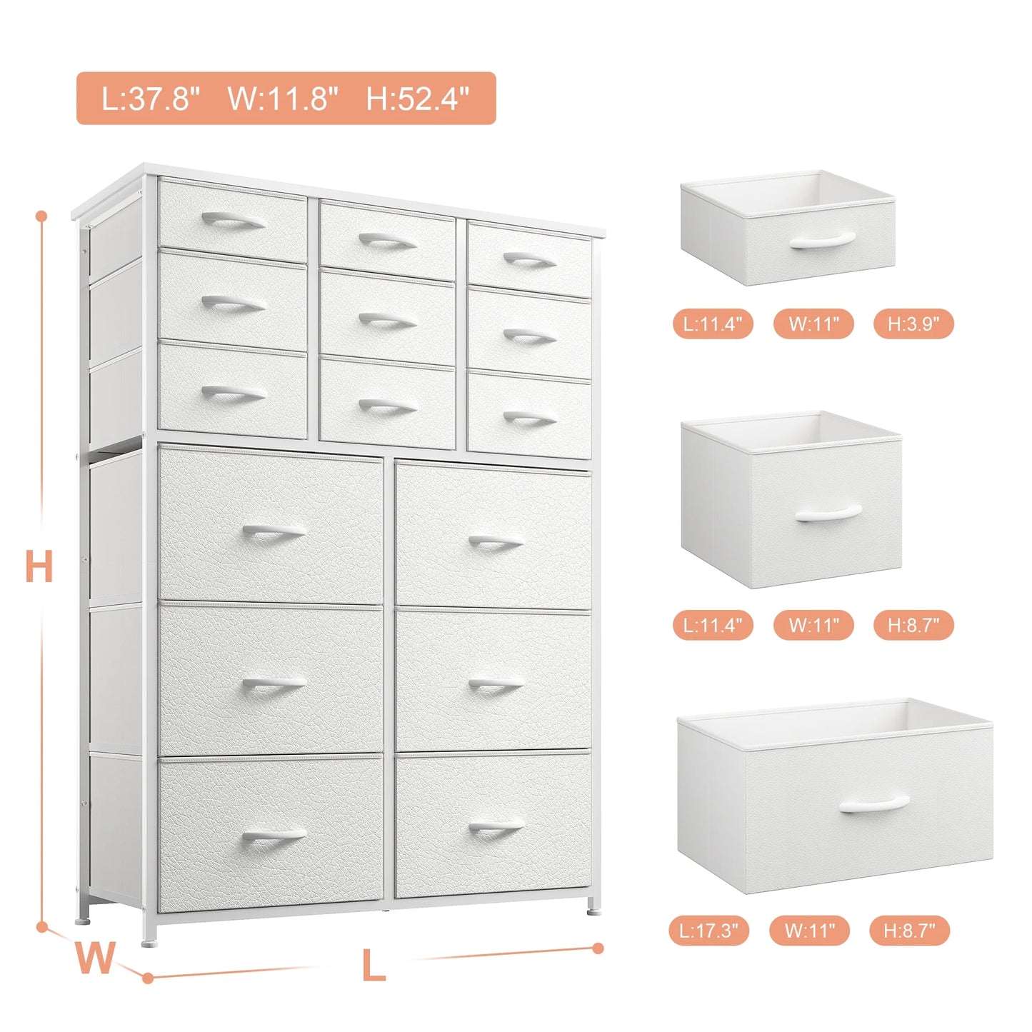 15 Drawer White Dresser, Tall Dressers with 15 Drawers, with Wood Top and Metal Frame, White