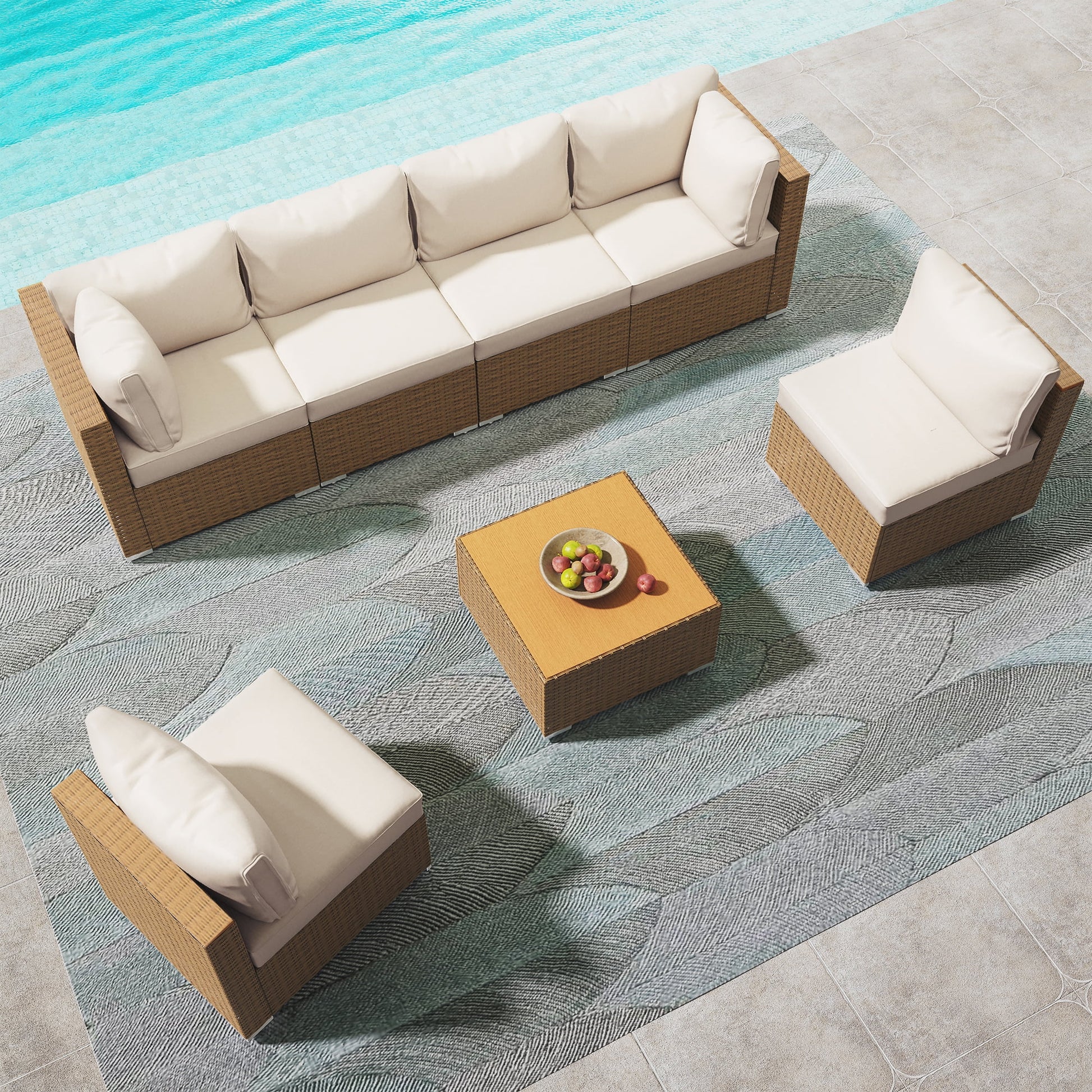 7 Pieces Patio Set, Outdoor Sectionals with 6 Chairs and 1 Coffee Table, Beige Cushions & Brown Wicker