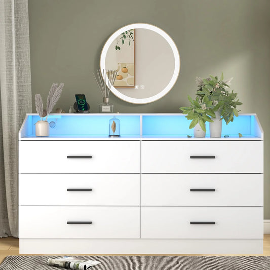 6 Drawers Dresser with Power Outlet, Chest of Drawers with LED Light, with Open Storage Cubby, (White)