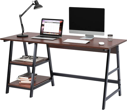 55Inch Desk Computer Desk with Shelf (Red Walnut, 55 Inches)