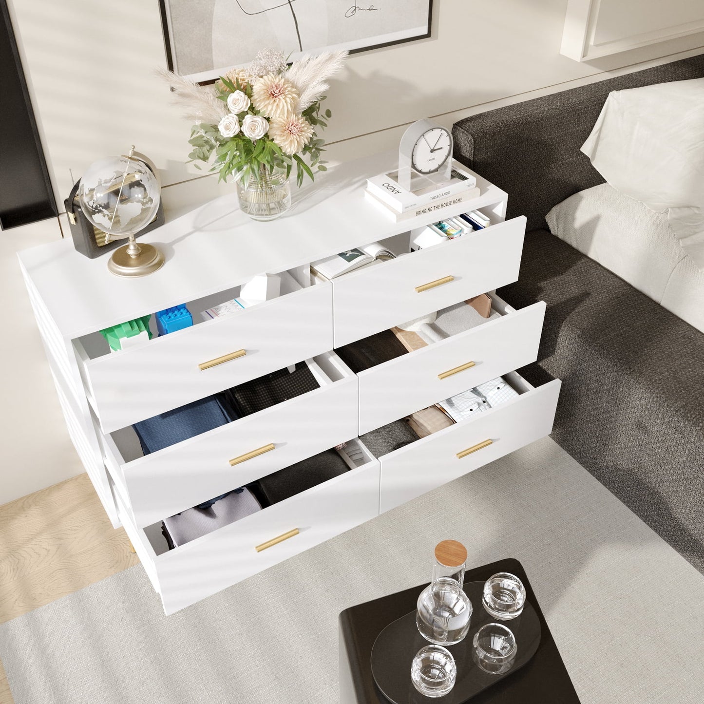 6 Drawer Dresser, Modern Wood, with Wide Drawers and Metal Handles, (White-47.2")