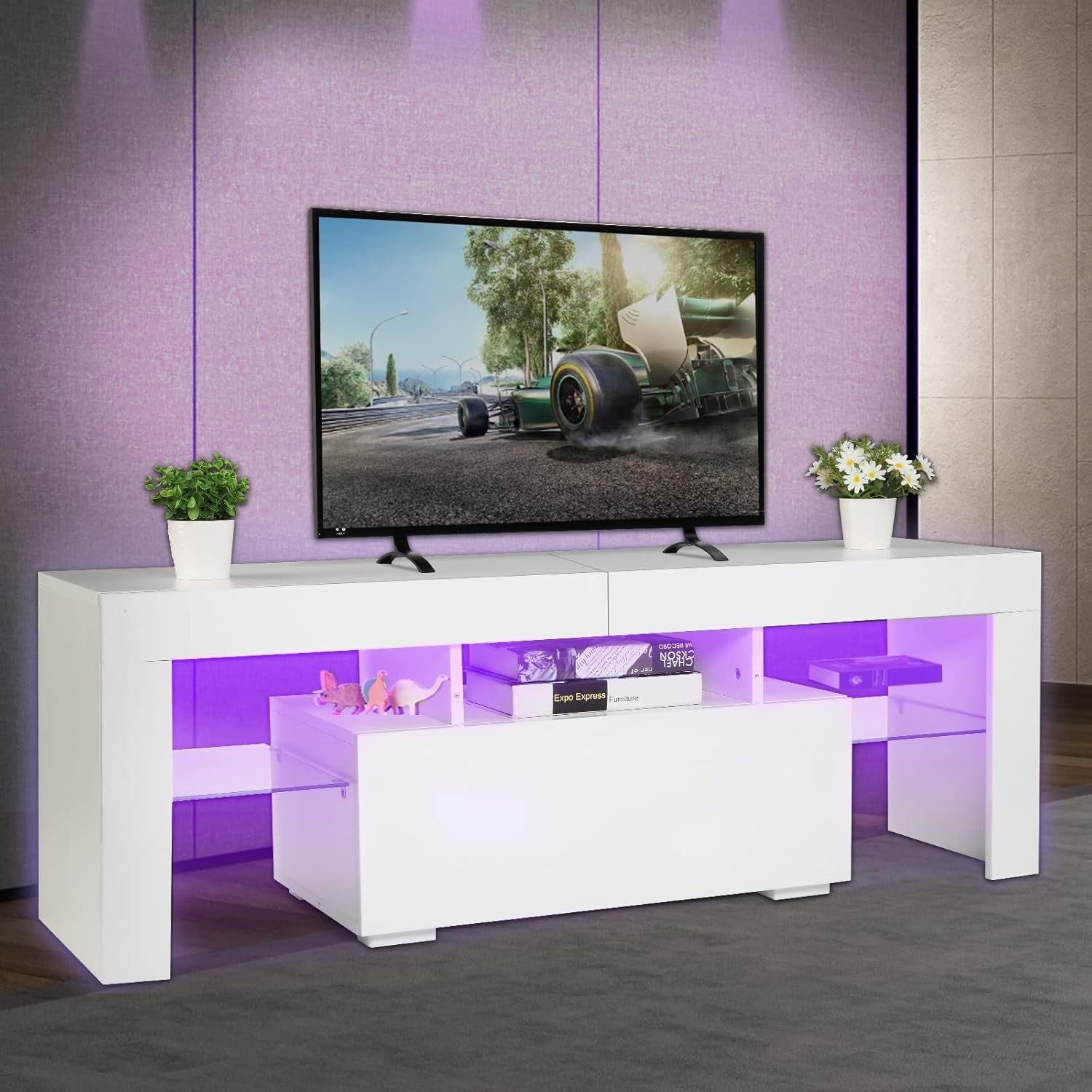 LED TV Stand for Tvs up to 55 Inch, LED Lights and Storage (White, 51'' X 14'' X 18'')