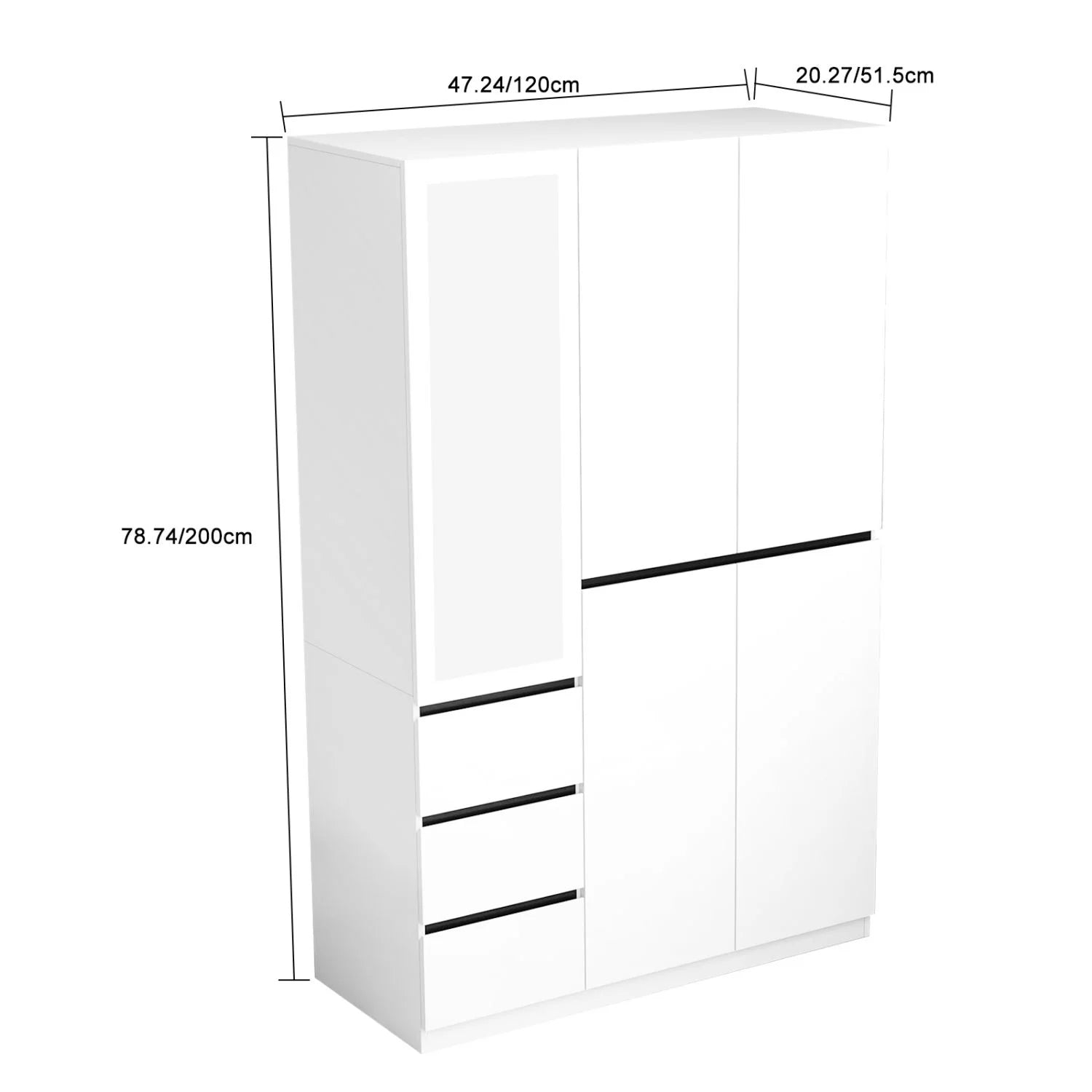 Wardrobe Armoire Closet with Glass Mirror, White Freestanding Wardrobe (W47.24*D20.28*H78.74)