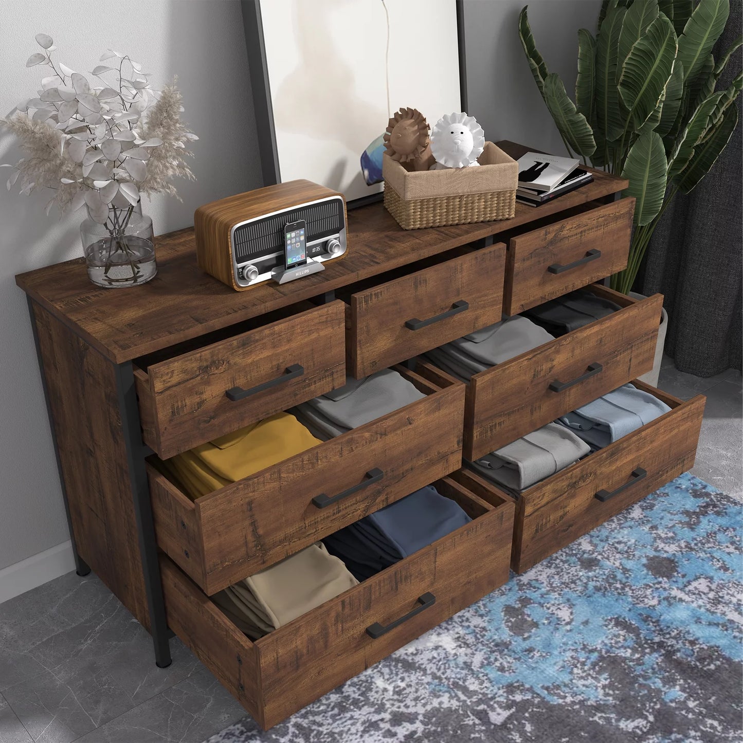 7 Drawer Dresser, Industrial Wood Storage Dressers & Chests of Drawers with Sturdy Steel Frame