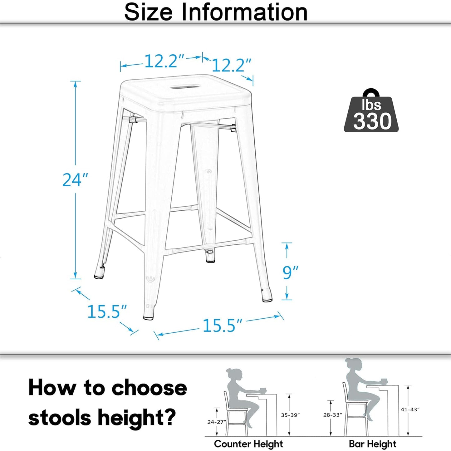 24 Inch Metal Bar Stools Set of 4 Counter Stools with Backs Counter Height Stools Backless Bar Chairs Stackable Kitchen Stools Matte Black