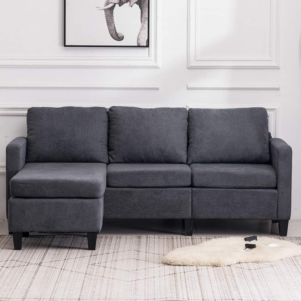 Convertible Sectional Sofa Small 3-Seater Sectional Couch L-Shape with Reversible Chais (Grey)