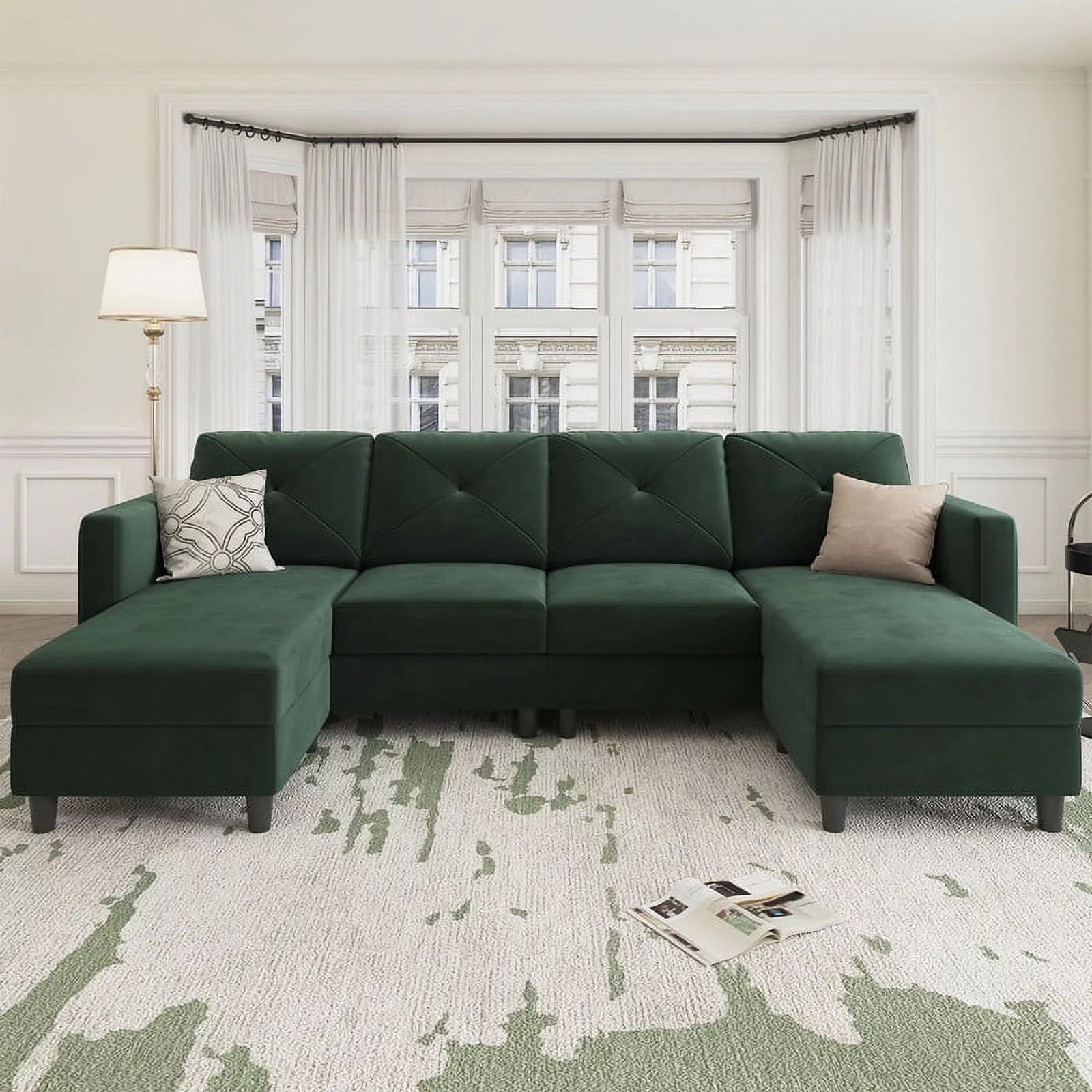 100" Velvet Convertible Sectional Sofa U-Shaped Sectional Couch, Green