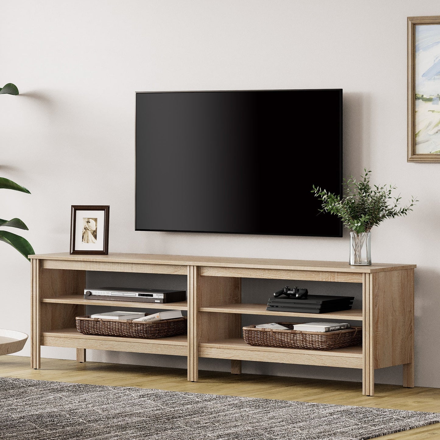 TV Stand, with Open Shelves for Living Room, Oak 70 Inch (Fits 75 Inch TV)