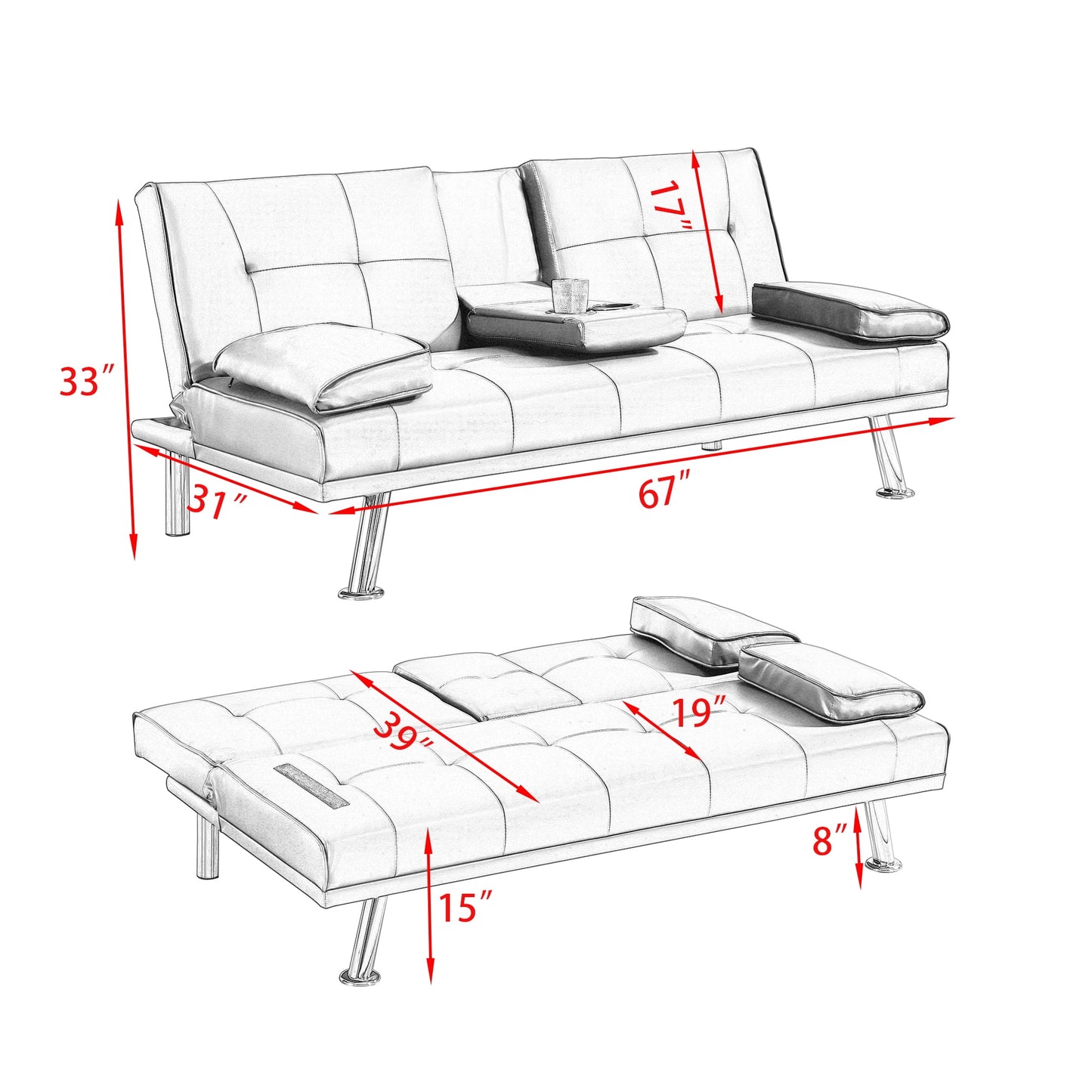 Convertible Futon Sofa Bed - Versatile Comfort with Sturdy Modern Faux Leather Design, 